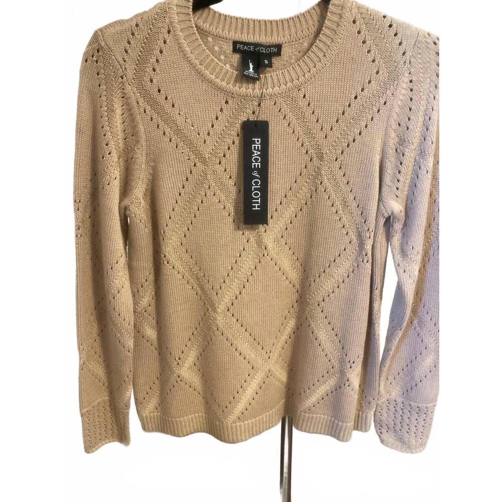 NEW PIECE OF CLOTH women's argyle pointelle knit sweater in camel